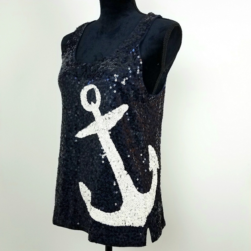 J Crew Sequin Tank Top Anchor Nautical Navy